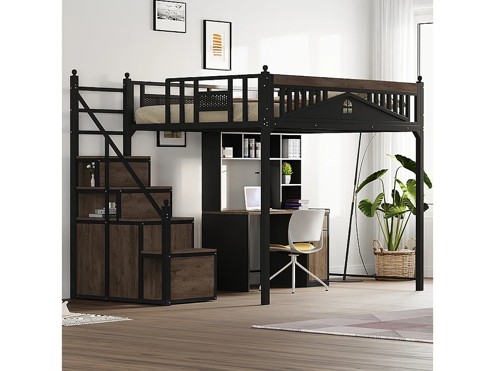 Lit mezzanine en métal 140x200 avec barrière sécurité boules décoratives motif fenêtre échelle réversible sécurité casiers intégrés couleur noir