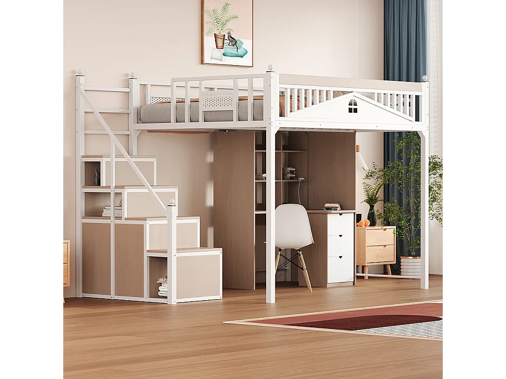 Lit mezzanine en métal 140x200 avec barrière sécurité boules décoratives motif fenêtre échelle réversible sécurité casiers intégrés couleur blanc