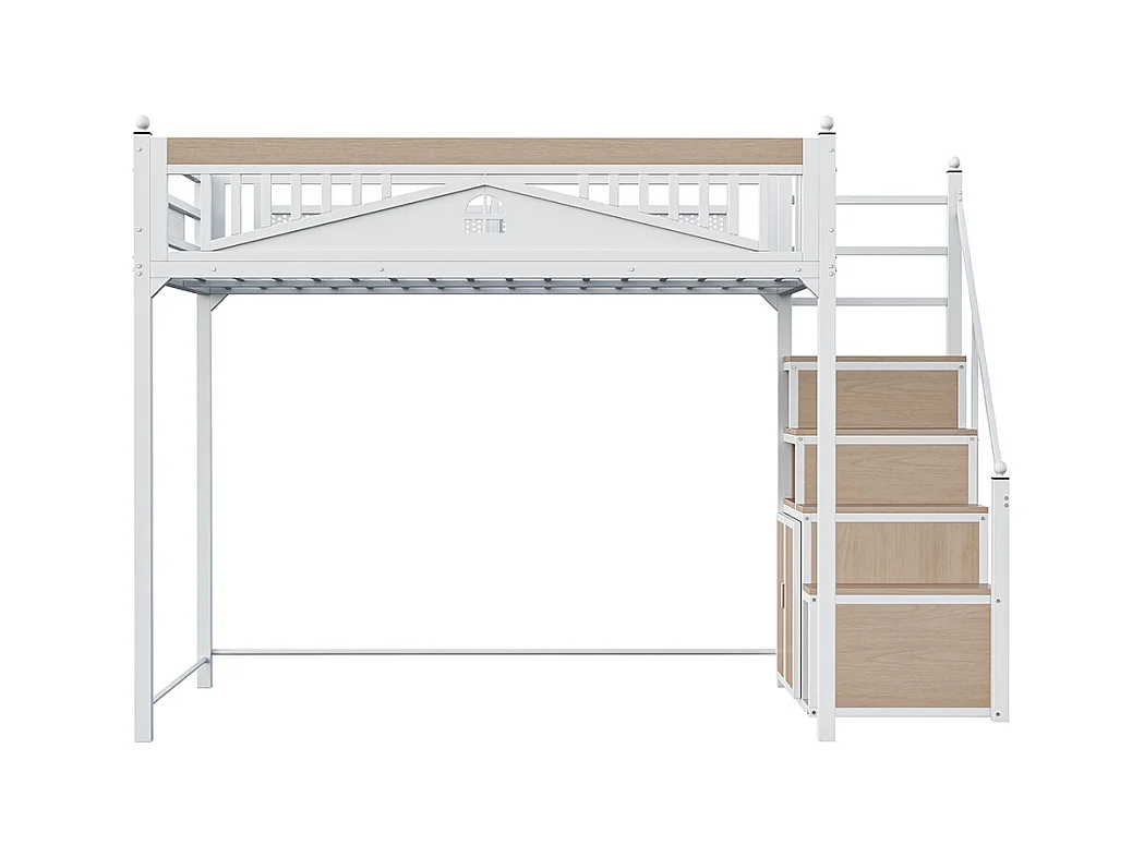 Lit mezzanine en métal 140x200 avec barrière sécurité boules décoratives motif fenêtre échelle réversible sécurité casiers intégrés couleur blanc