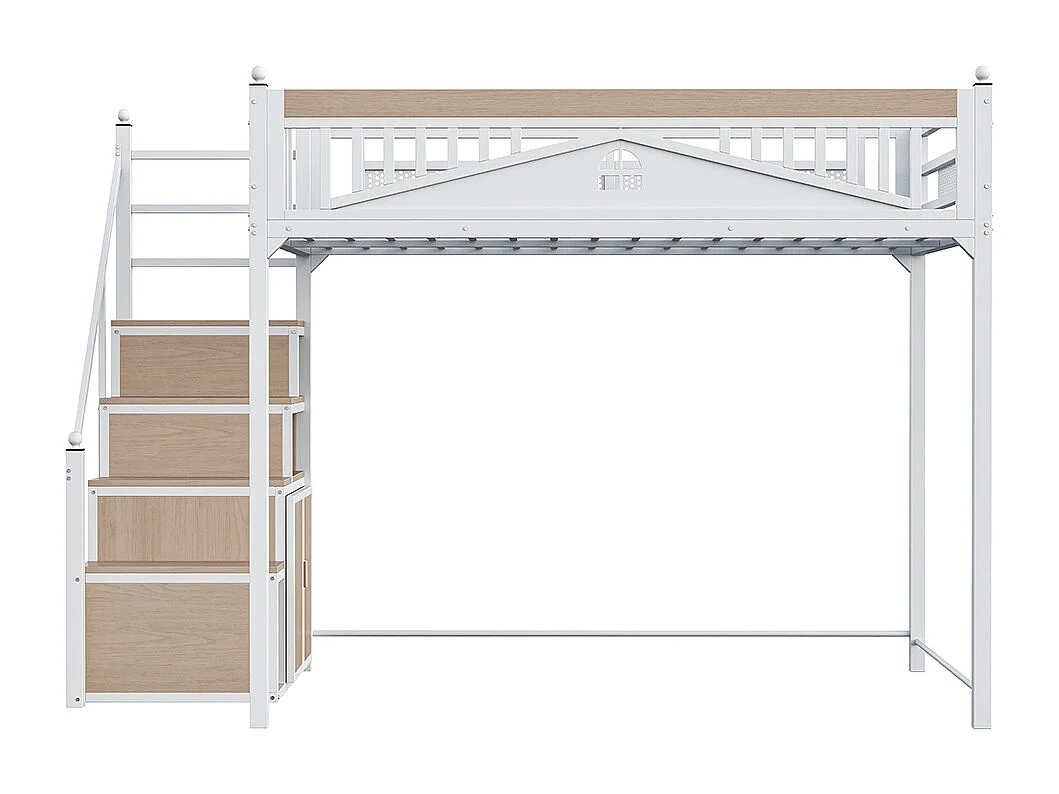Lit mezzanine en métal 140x200 avec barrière sécurité boules décoratives motif fenêtre échelle réversible sécurité casiers intégrés couleur blanc