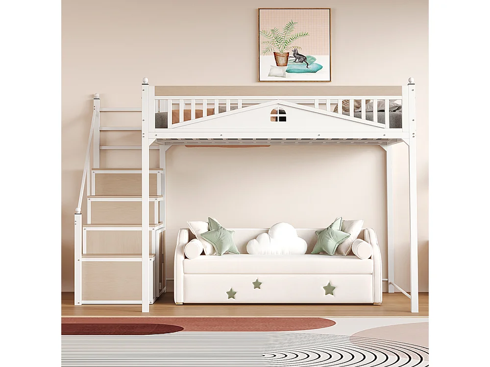 Lit mezzanine en métal 140x200 avec barrière sécurité boules décoratives motif fenêtre échelle réversible sécurité casiers intégrés couleur blanc