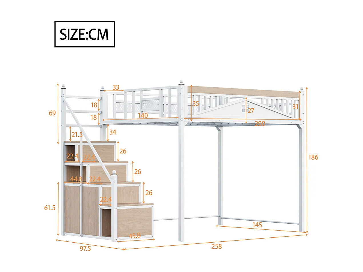 Lit mezzanine en métal 140x200 avec barrière sécurité boules décoratives motif fenêtre échelle réversible sécurité casiers intégrés couleur blanc