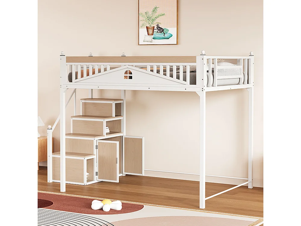 Lit mezzanine en métal 140x200 avec barrière sécurité boules décoratives motif fenêtre échelle réversible sécurité casiers intégrés couleur blanc