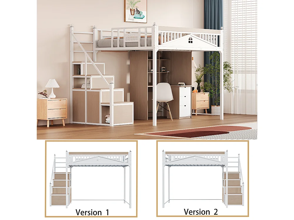 Lit mezzanine en métal 140x200 avec barrière sécurité boules décoratives motif fenêtre échelle réversible sécurité casiers intégrés couleur blanc