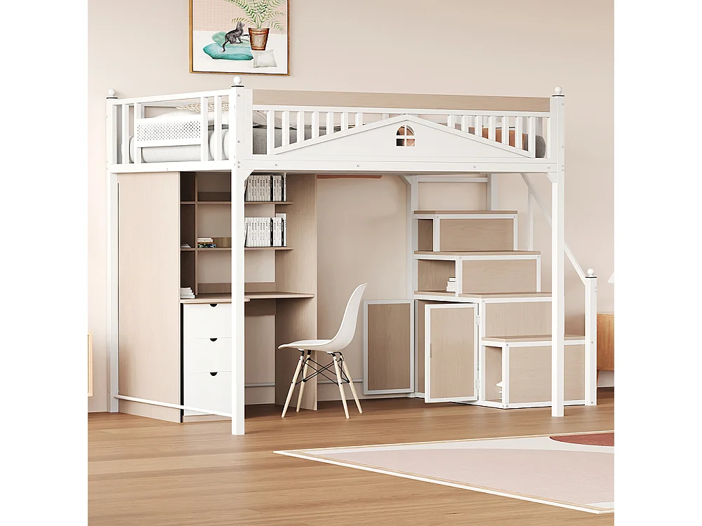 Lit mezzanine en métal 140x200 avec barrière sécurité boules décoratives motif fenêtre échelle réversible sécurité casiers intégrés couleur blanc