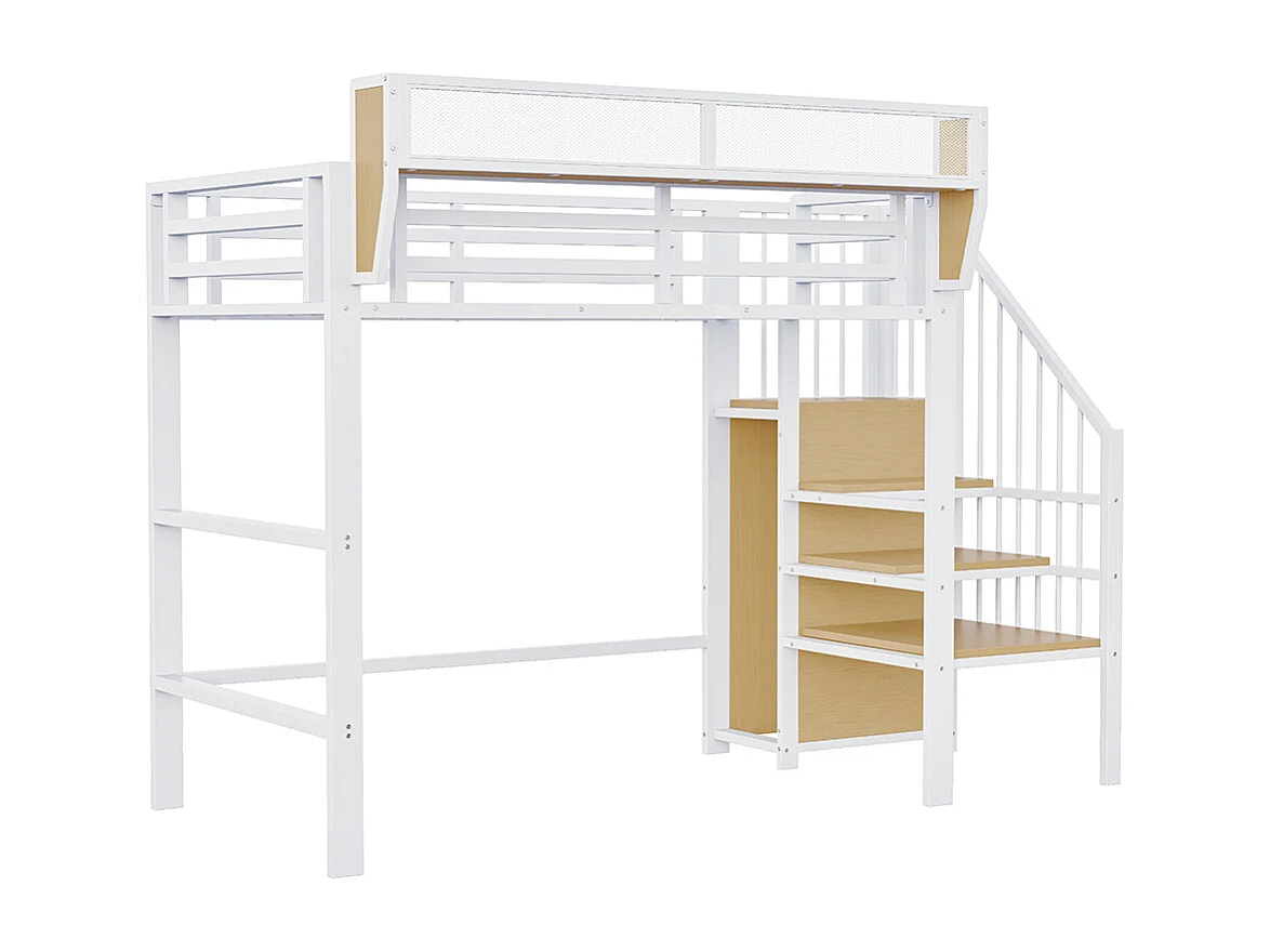 Lit mezzanine en métal 90x200 avec échelle de sécurité et compartiment de rangement flexible pour enfants blanc