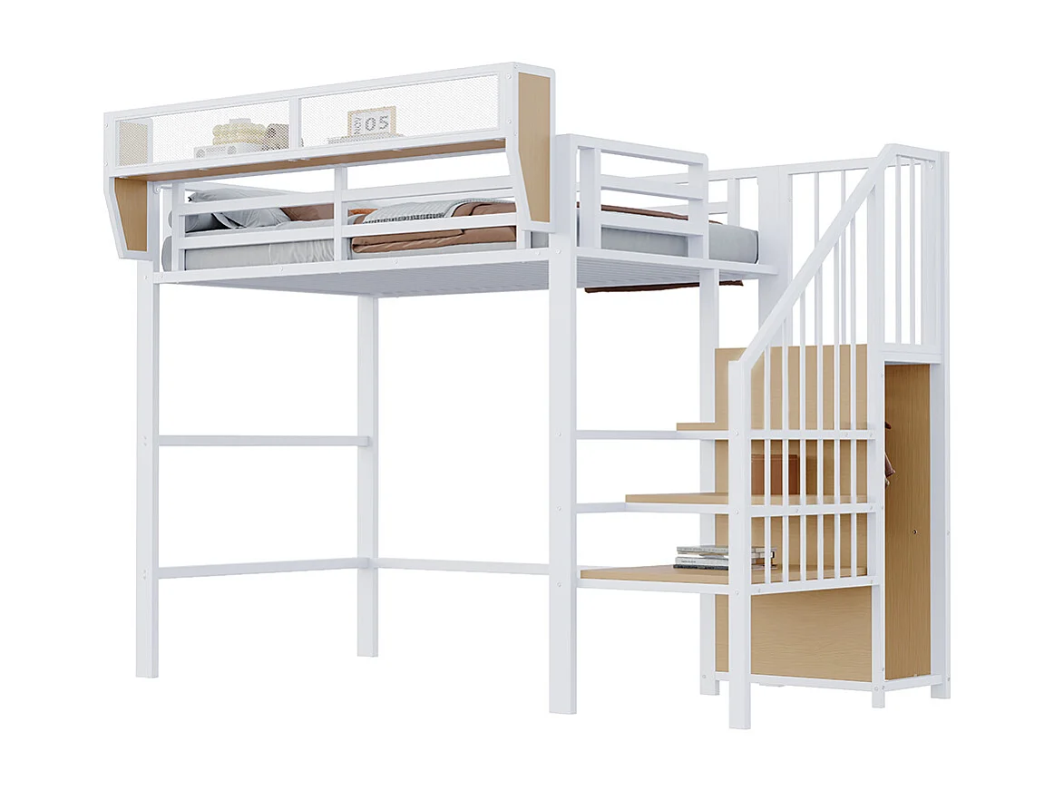 Lit mezzanine en métal 90x200 avec échelle de sécurité et compartiment de rangement flexible pour enfants blanc