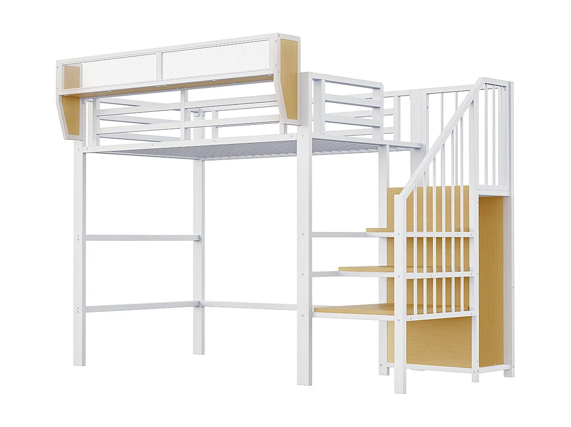 Lit mezzanine en métal 90x200 avec échelle de sécurité et compartiment de rangement flexible pour enfants blanc