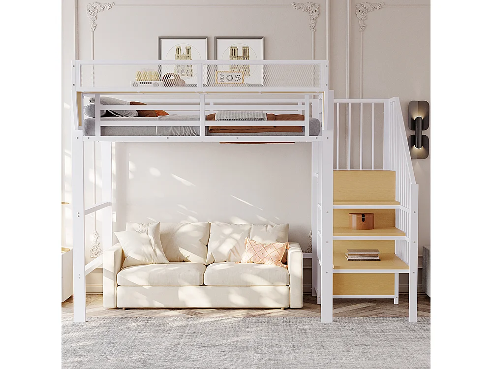 Lit mezzanine en métal 90x200 avec échelle de sécurité et compartiment de rangement flexible pour enfants blanc