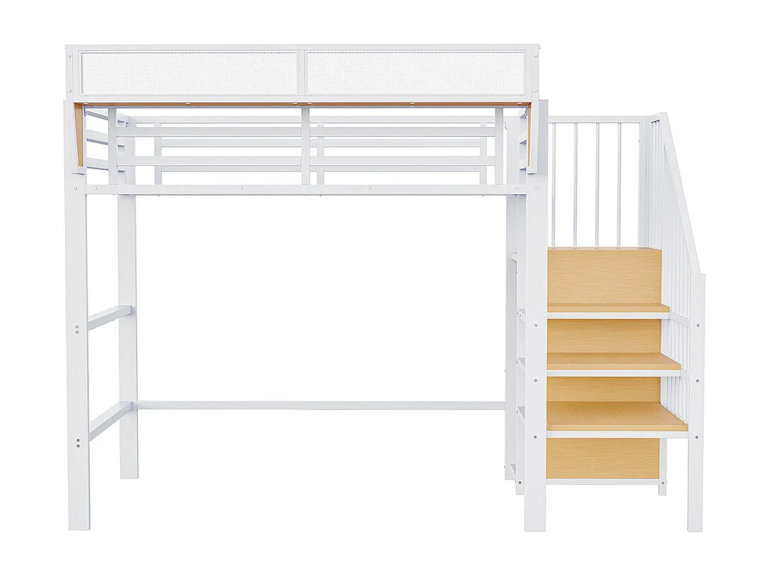 Lit mezzanine en métal 90x200 avec échelle de sécurité et compartiment de rangement flexible pour enfants blanc
