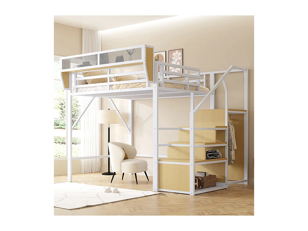 Lit mezzanine en métal 140x200 avec échelle de sécurité et compartiment de rangement flexible pour enfants blanc