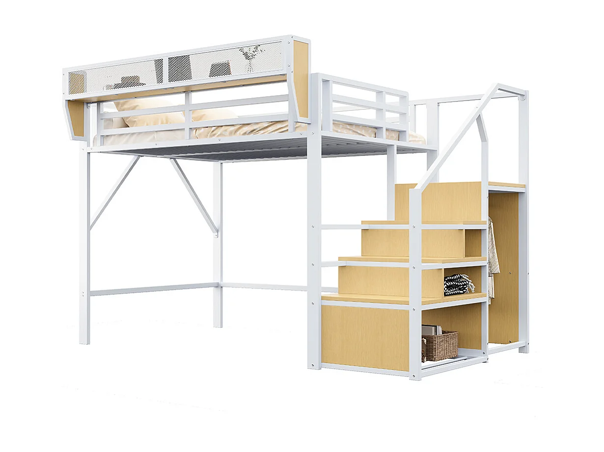 Lit mezzanine en métal 140x200 avec échelle de sécurité et compartiment de rangement flexible pour enfants blanc