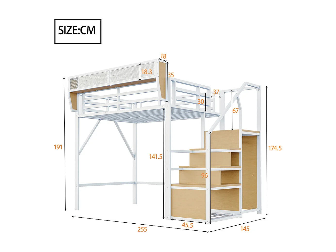 Lit mezzanine en métal 140x200 avec échelle de sécurité et compartiment de rangement flexible pour enfants blanc