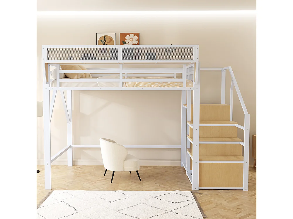 Lit mezzanine en métal 140x200 avec échelle de sécurité et compartiment de rangement flexible pour enfants blanc