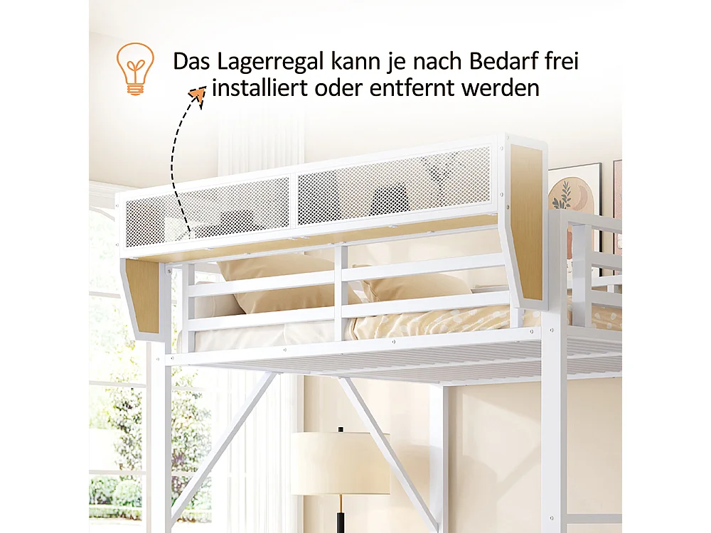 Lit mezzanine en métal 140x200 avec échelle de sécurité et compartiment de rangement flexible pour enfants blanc