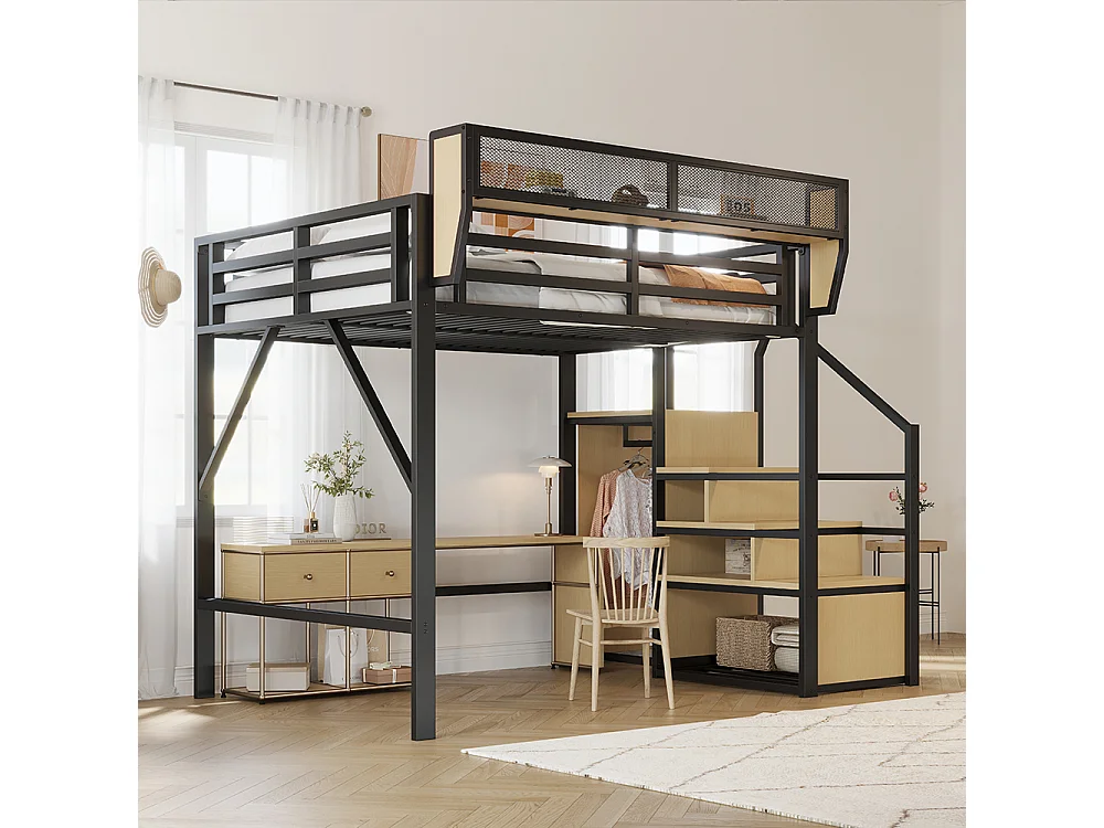 Lit mezzanine en métal 140x200 avec échelle de sécurité et compartiment de rangement flexible pour enfants noir