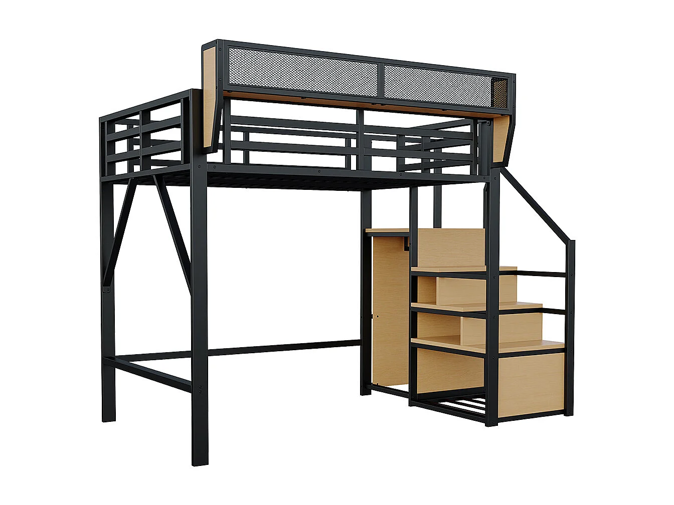 Lit mezzanine en métal 140x200 avec échelle de sécurité et compartiment de rangement flexible pour enfants noir