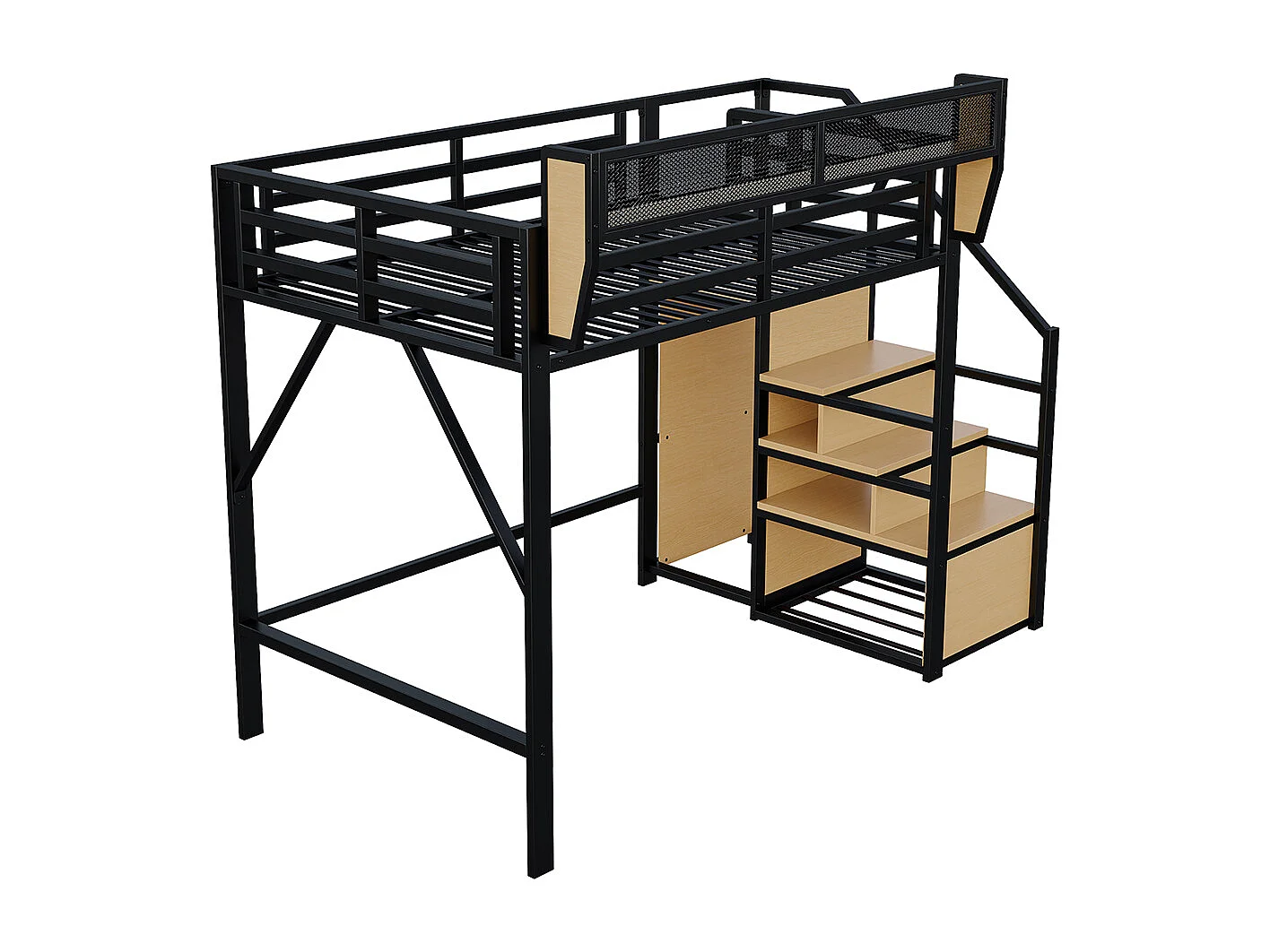 Lit mezzanine en métal 140x200 avec échelle de sécurité et compartiment de rangement flexible pour enfants noir