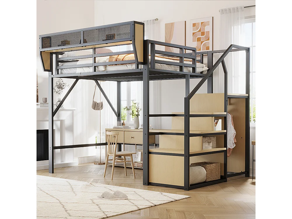 Lit mezzanine en métal 140x200 avec échelle de sécurité et compartiment de rangement flexible pour enfants noir