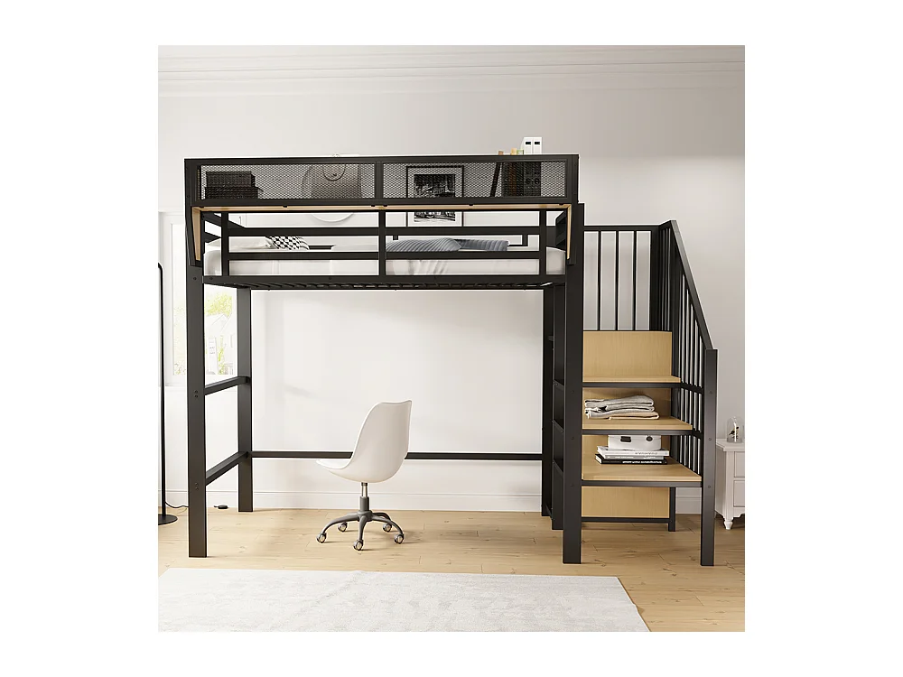 Lit mezzanine en métal 90x200 avec échelle de sécurité et compartiment de rangement flexible pour enfants noir