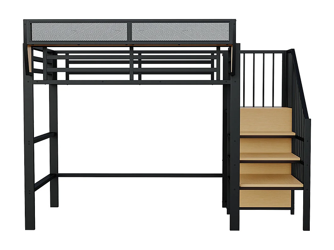 Lit mezzanine en métal 90x200 avec échelle de sécurité et compartiment de rangement flexible pour enfants noir