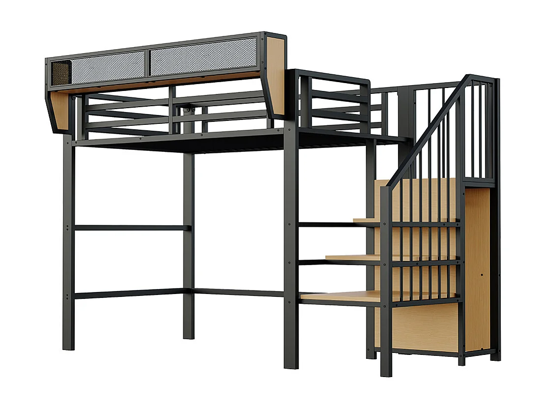 Lit mezzanine en métal 90x200 avec échelle de sécurité et compartiment de rangement flexible pour enfants noir