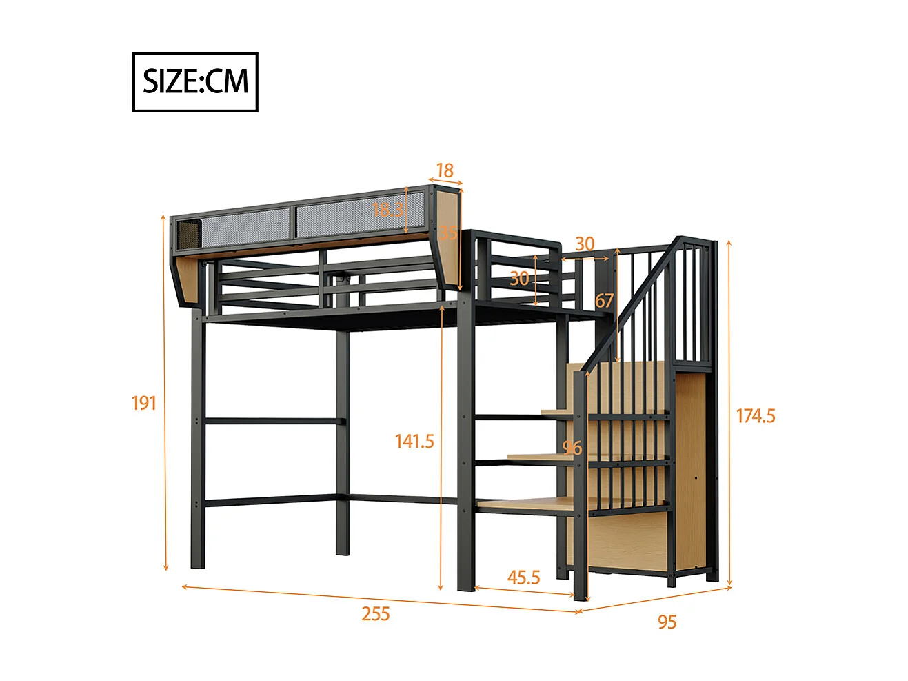 Lit mezzanine en métal 90x200 avec échelle de sécurité et compartiment de rangement flexible pour enfants noir
