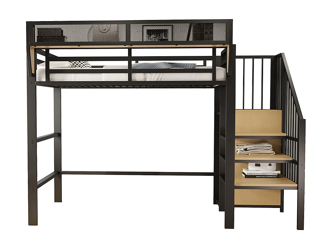 Lit mezzanine en métal 90x200 avec échelle de sécurité et compartiment de rangement flexible pour enfants noir