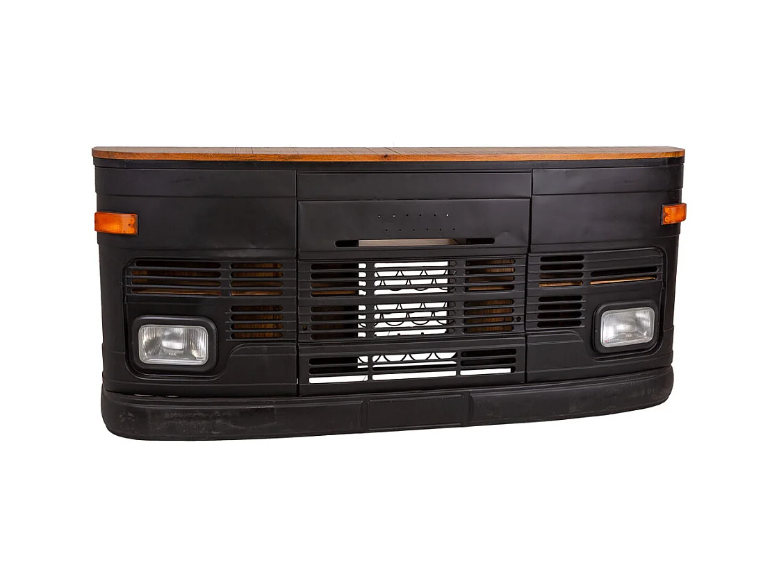 Barra bar camion de madera y metal negro 240x40x100