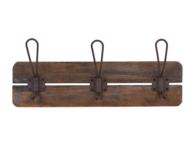 Percha de pared de madera y metal con 3 ganchos marrón 38x6x13.5h cm