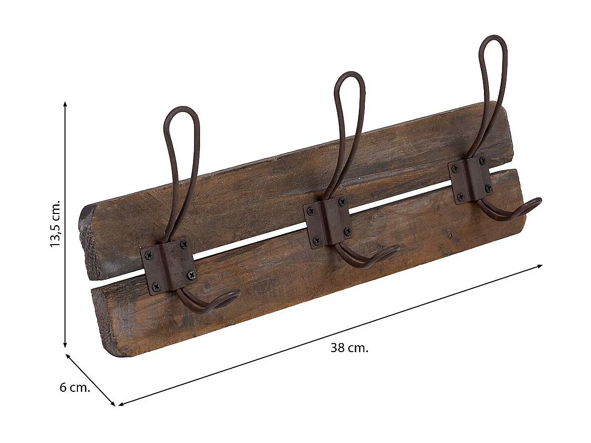 Suporte de parede em madeira/metal, 3 ganchos, 38x6x13,5 cm
