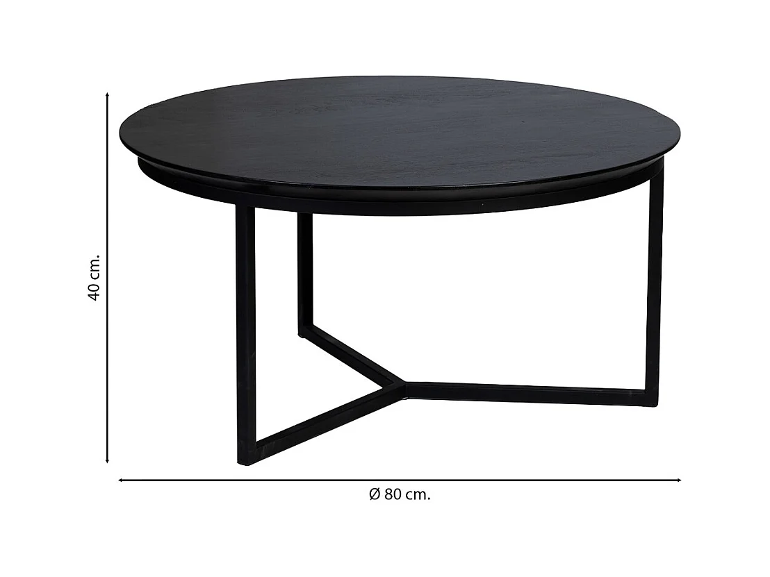 Mesa de centro, tablero de mango negro y patas de hierro 80x80x40h cm