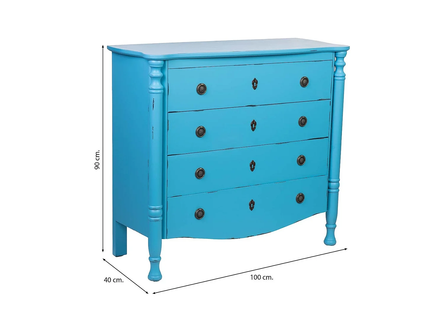 Cômoda de madeira lacada azul envelhecida com 4 gavetas 100x40x90h cm