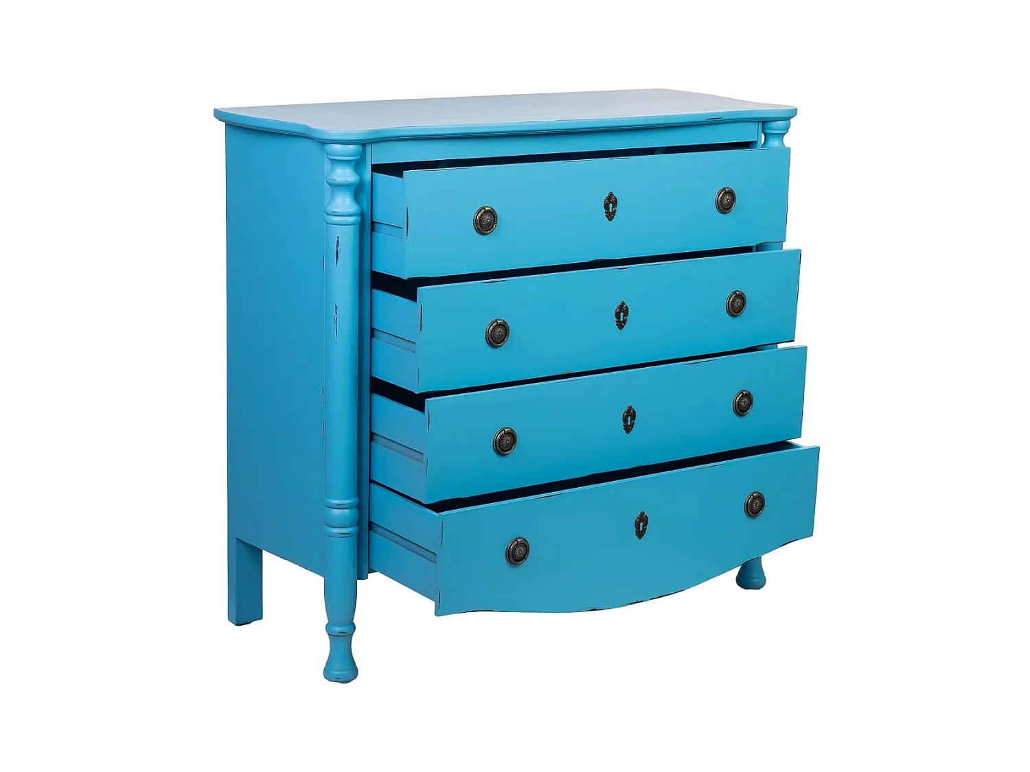 Cômoda de madeira lacada azul envelhecida com 4 gavetas 100x40x90h cm