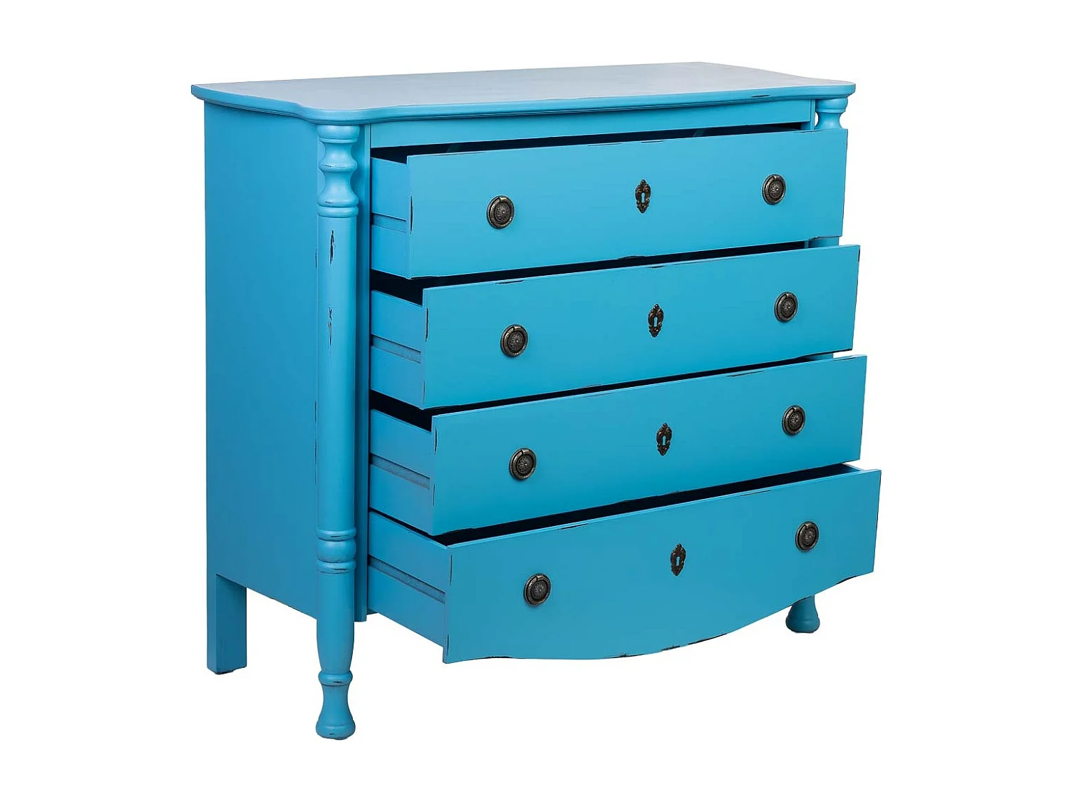 Comoda de madera lacado azul envejecido de 4 cajones 100x40x90cmh cm