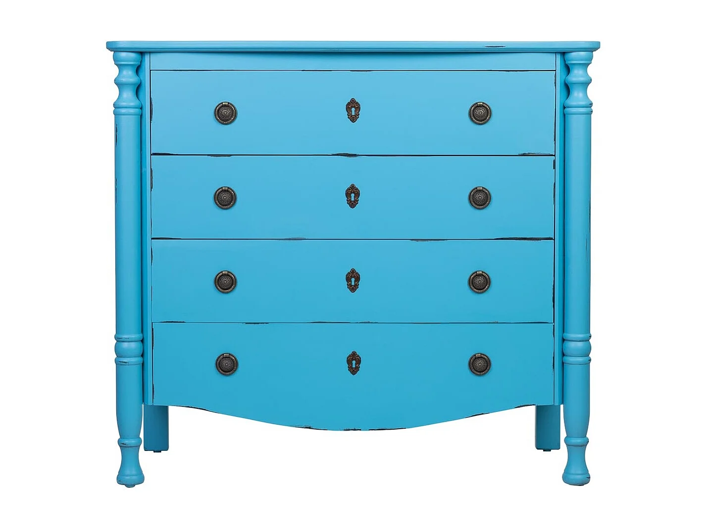 Antikblau lackierte Holzkommode mit 4 Schubladen, 100x40x90H cm
