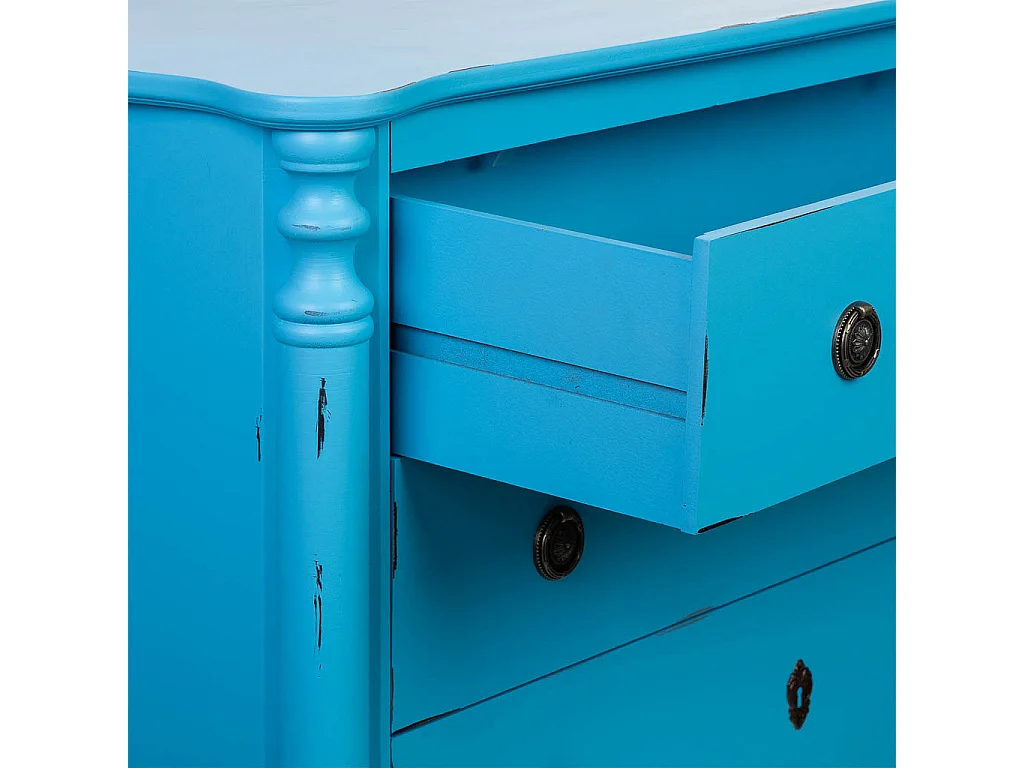 Antikblau lackierte Holzkommode mit 4 Schubladen, 100x40x90H cm