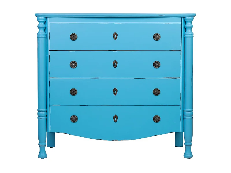Antikblau lackierte Holzkommode mit 4 Schubladen, 100x40x90H cm