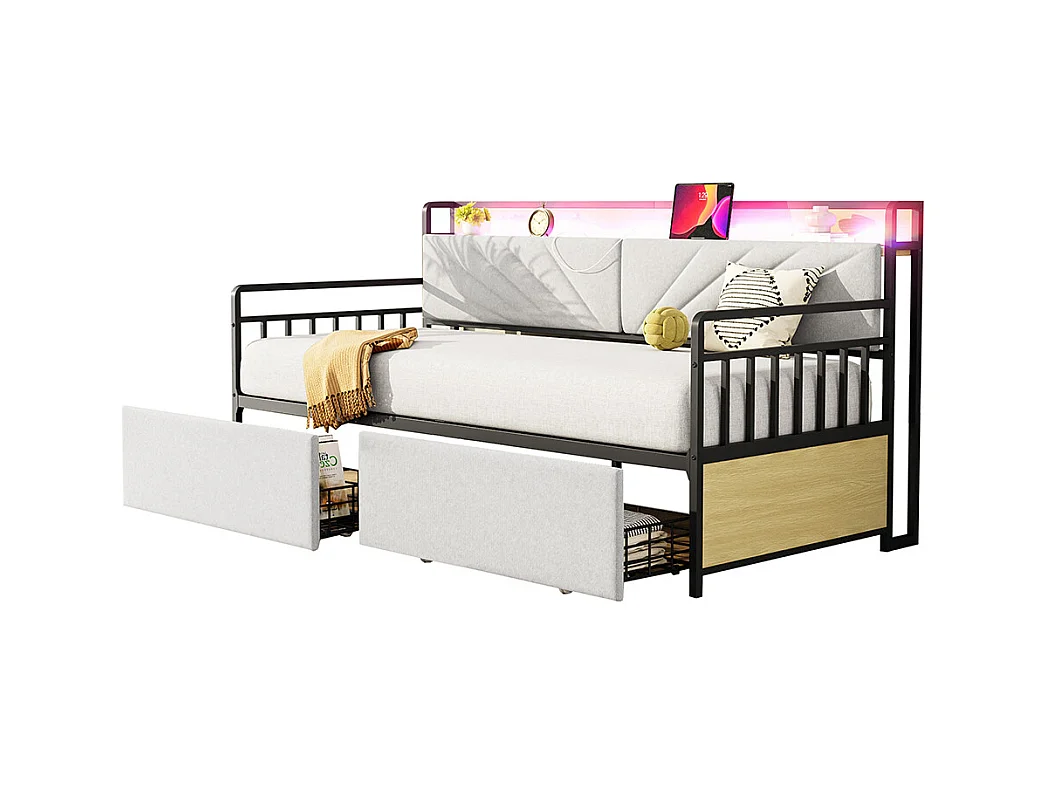 lit avec rangement 90x200 avec éclairage LED avec tiroirs et prises multifonctions lit simple en fer couleur beige