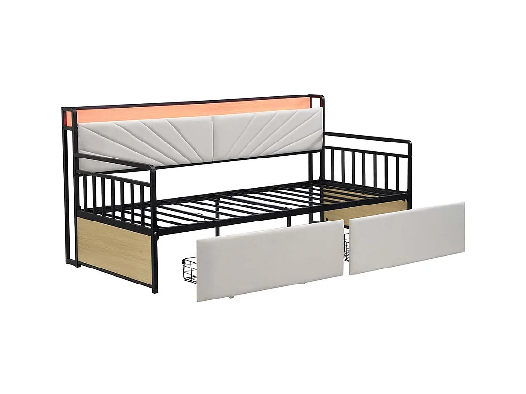 lit avec rangement 90x200 avec éclairage LED avec tiroirs et prises multifonctions lit simple en fer couleur beige