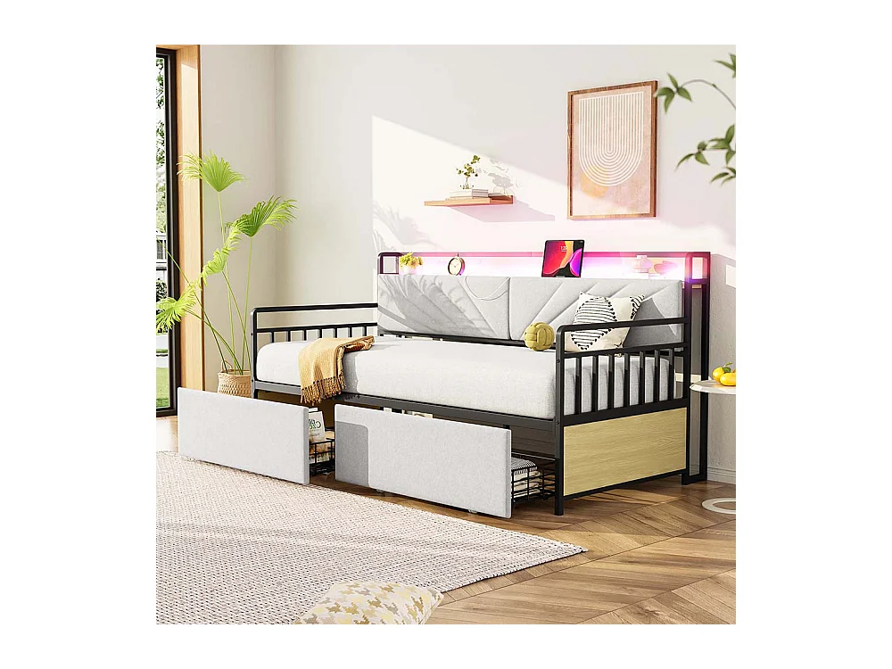 lit avec rangement 90x200 avec éclairage LED avec tiroirs et prises multifonctions lit simple en fer couleur beige