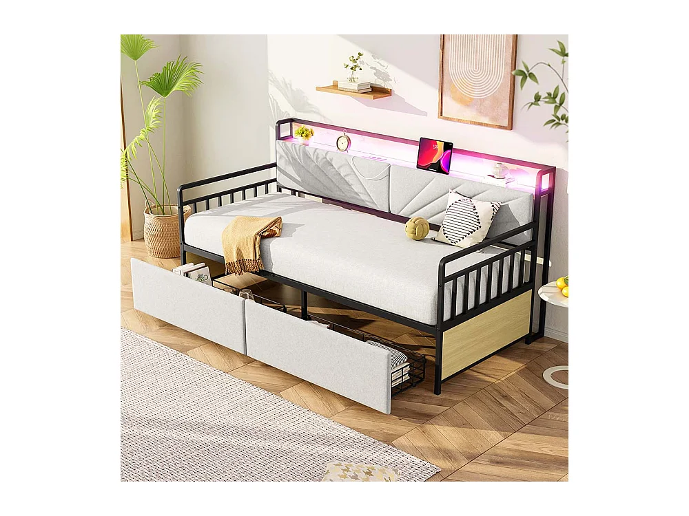 lit avec rangement 90x200 avec éclairage LED avec tiroirs et prises multifonctions lit simple en fer couleur beige