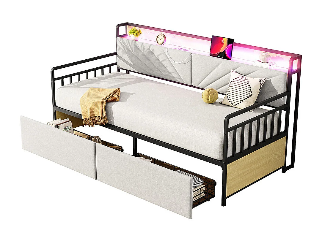 lit avec rangement 90x200 avec éclairage LED avec tiroirs et prises multifonctions lit simple en fer couleur beige