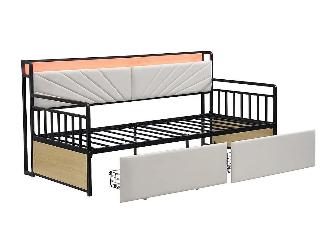 lit avec rangement 90x200 avec éclairage LED avec tiroirs et prises multifonctions lit simple en fer couleur beige