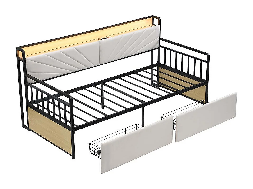 lit avec rangement 90x200 avec éclairage LED avec tiroirs et prises multifonctions lit simple en fer couleur beige