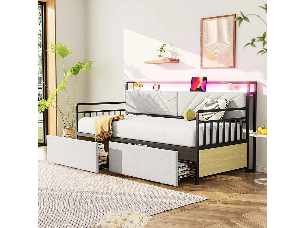 lit avec rangement 90x200 avec éclairage LED avec tiroirs et prises multifonctions lit simple en fer couleur beige