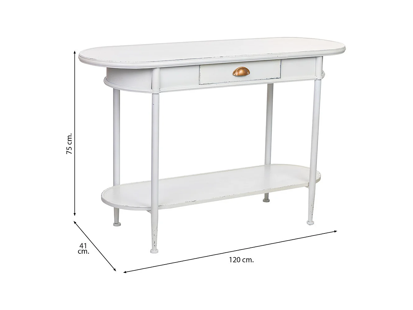 Flurtisch mit 1 Schublade und 1 Regal aus weißem Metall, 120x41x75H cm