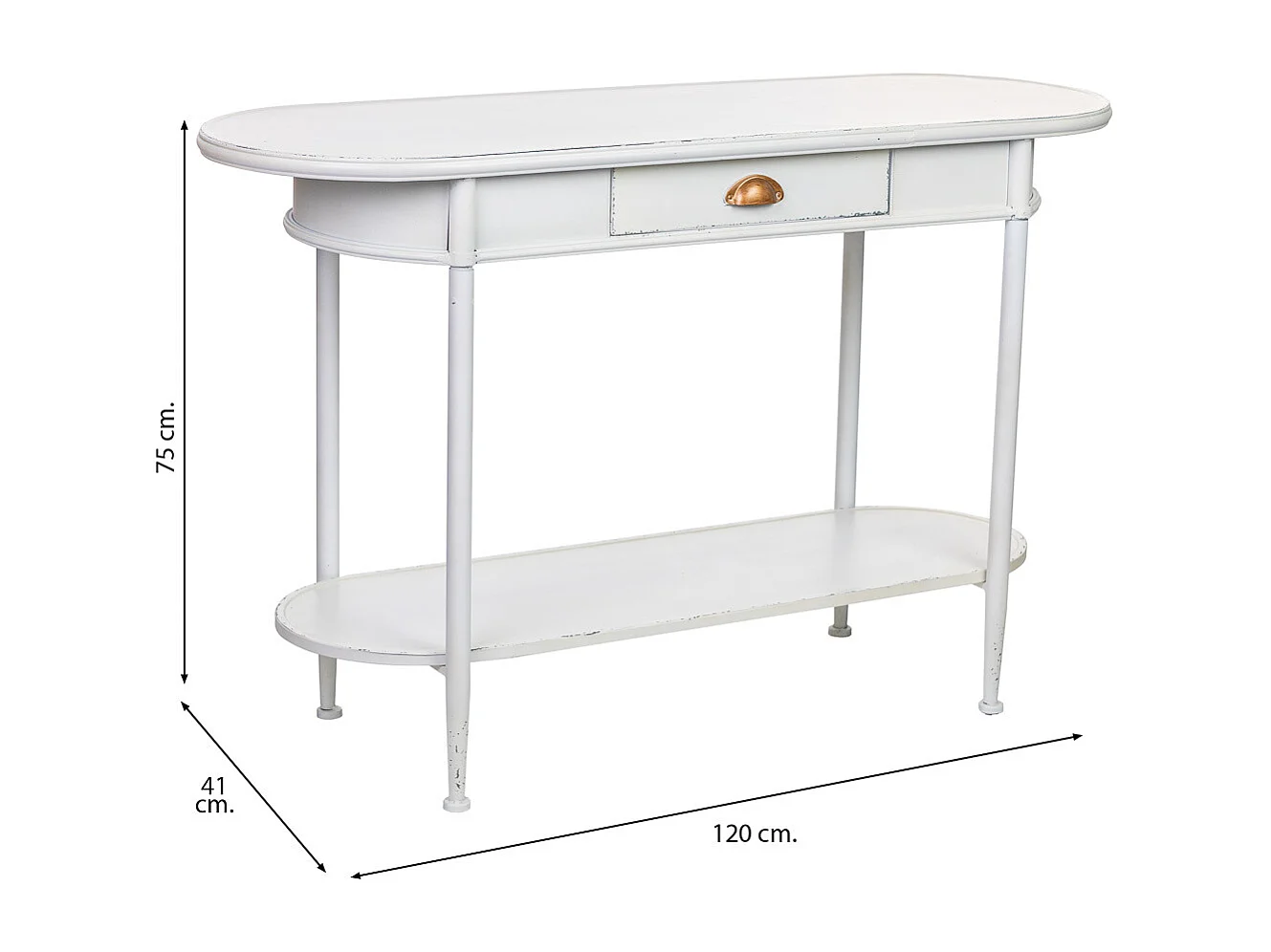 Flurtisch mit 1 Schublade und 1 Regal aus weißem Metall, 120x41x75H cm