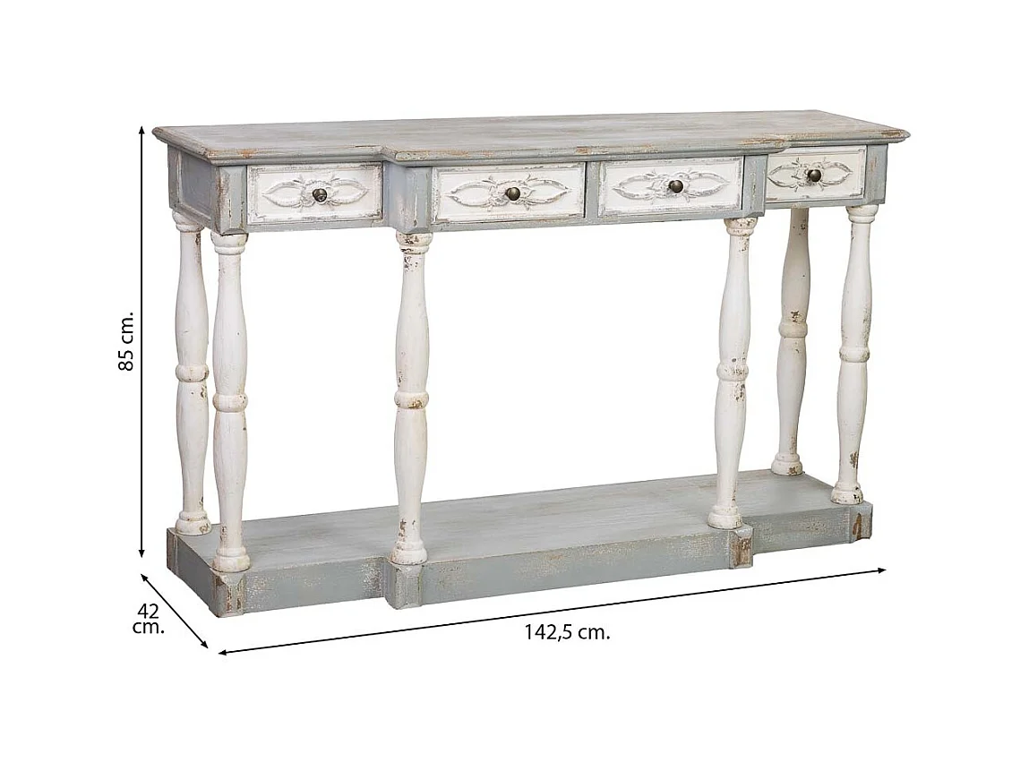Flurtisch aus Holz mit 4 Schubladen, gealtertes Finish, 142,5x42x85 cm