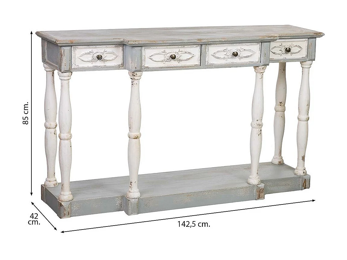 Flurtisch aus Holz mit 4 Schubladen, gealtertes Finish, 142,5x42x85 cm
